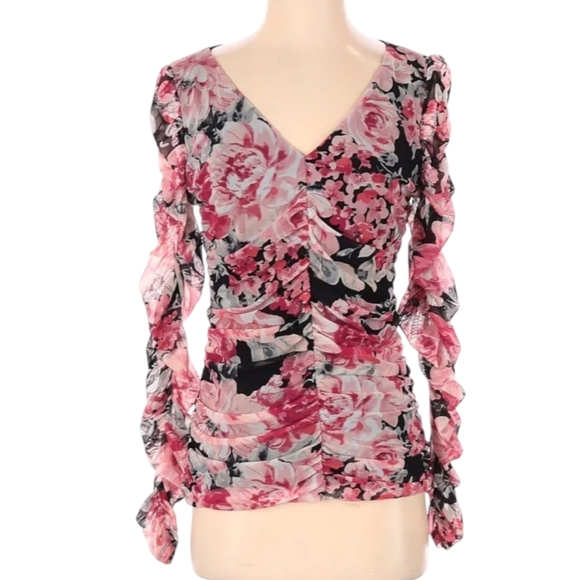 WHBM Pink/ Black Whimsigoth Floral Ruched Semi Sheer V Neck Blouse Sz M - Picture 2 of 10